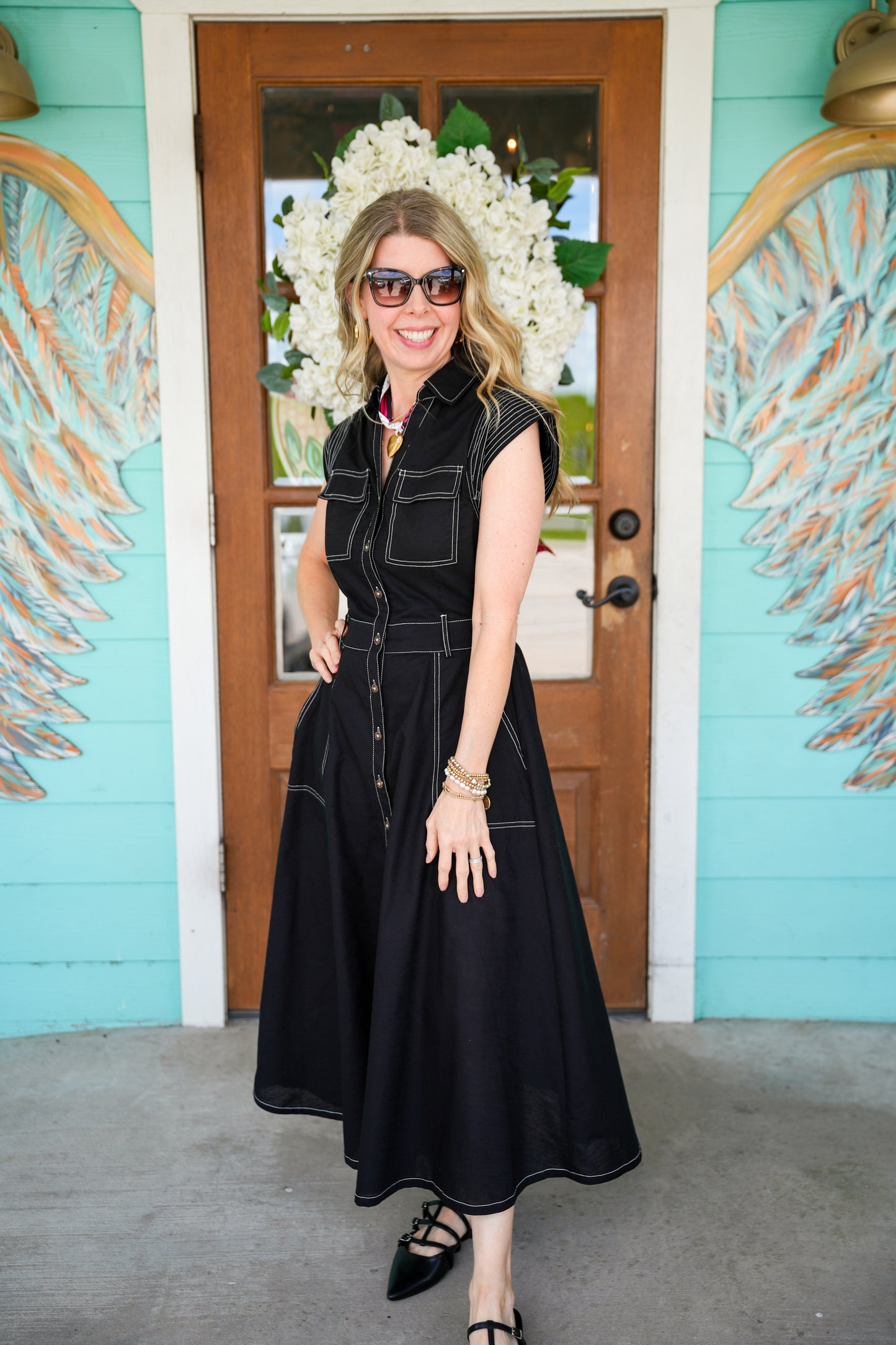 Black Top Stitch Sleeveless Midi Dress