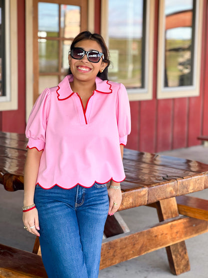 Pink w/ Red Collar Stripe Detail Top