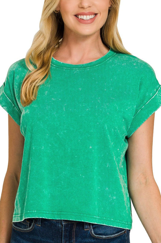 Green Wash Cuffed Short Sleeve Top