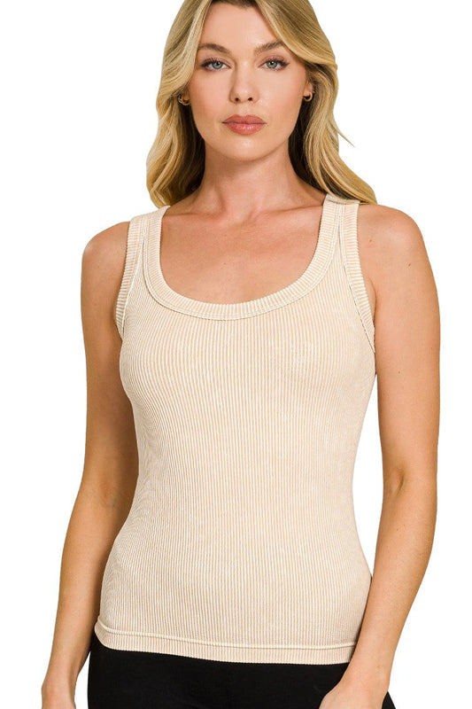 Sand Beige 2 Way Neckline Ribbed Tank Top