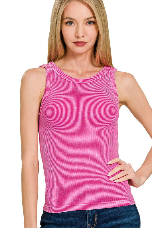 Hot Pink 2 Way Neckline Ribbed Tank Top