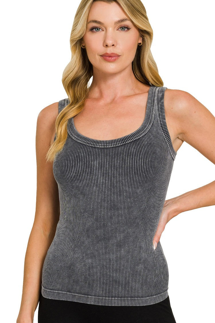 Black 2 WAY NECKLINE RIBBED TANK TOP