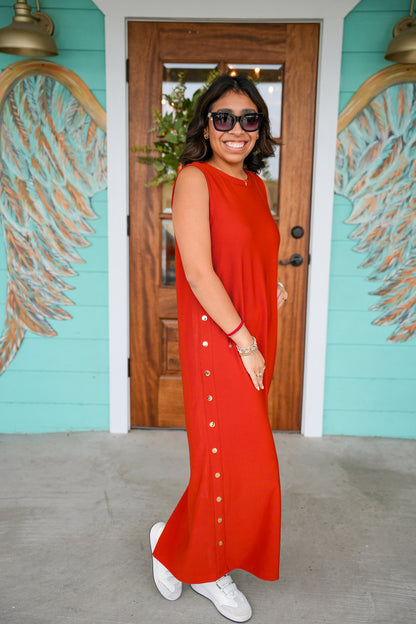 Rust Gold Button Maxi Dress