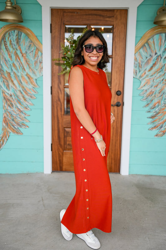 Rust Gold Button Maxi Dress