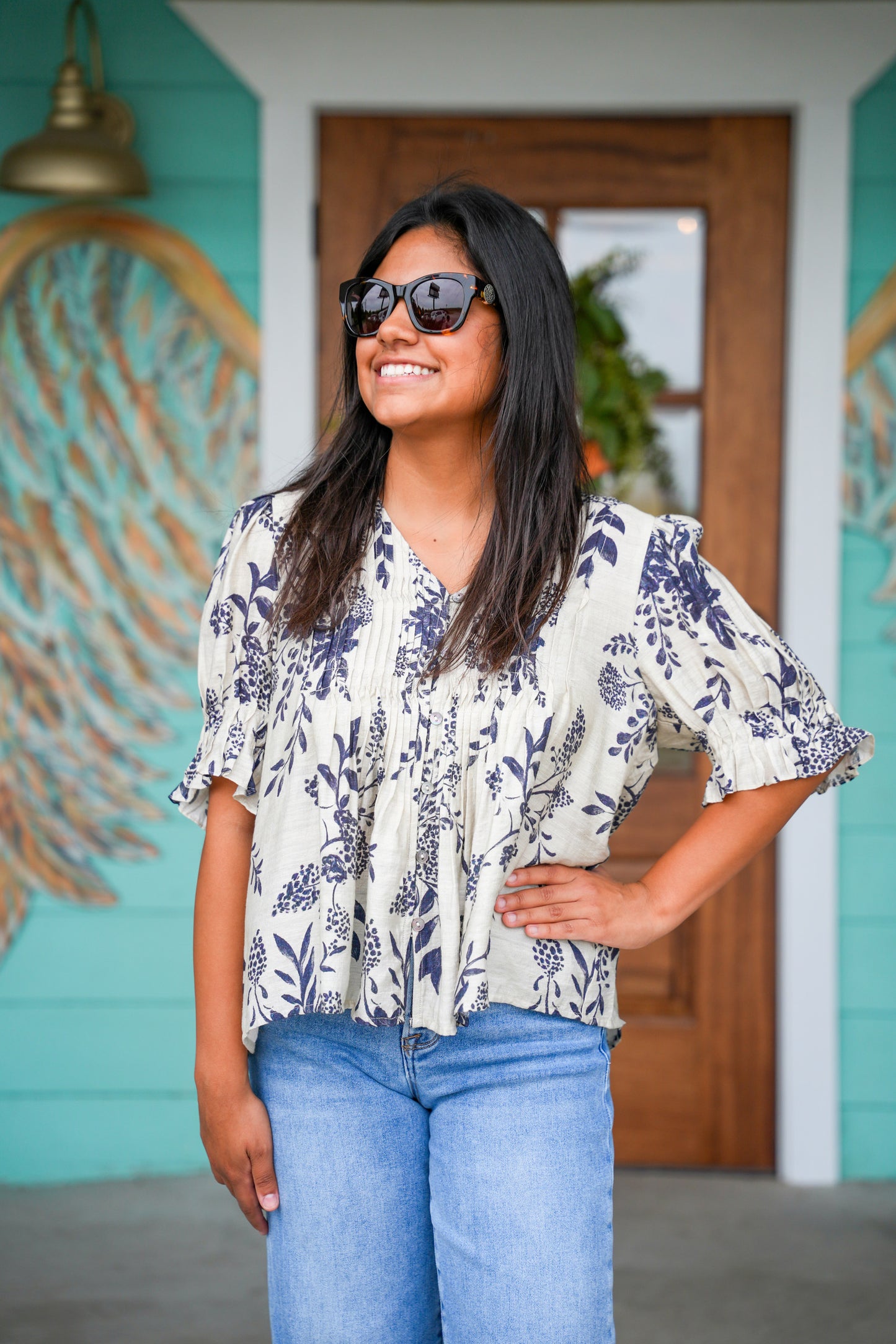 Navy Botanical Print Top