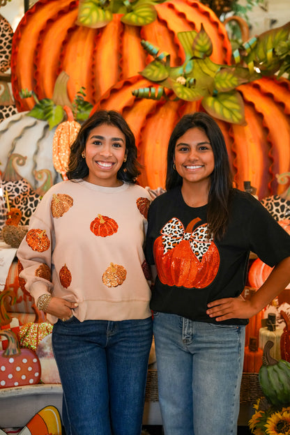 Sequin Pumpkin Leopard Bow Black Tee
