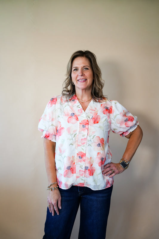 Coral Poppy Ruched Detail Top