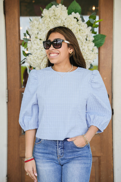 Light Blue Textured Puff Sleeve Top – Rhinestone Angel