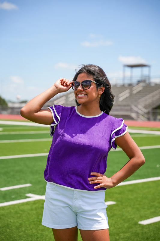 Purple Contrast Piping Ruffle Sleeve Top