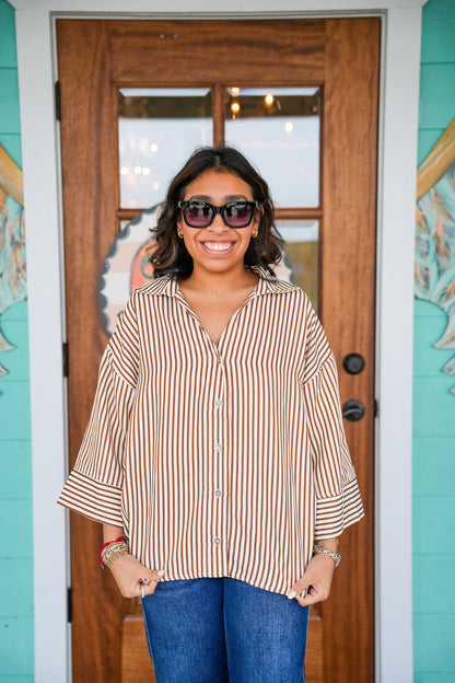 Brown Striped 3/4 Sleeve Top