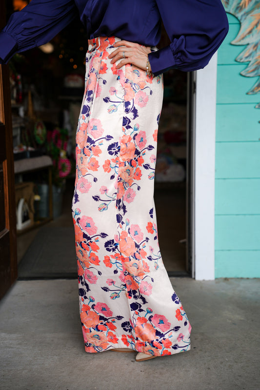 Bold Coral Floral Print Pants