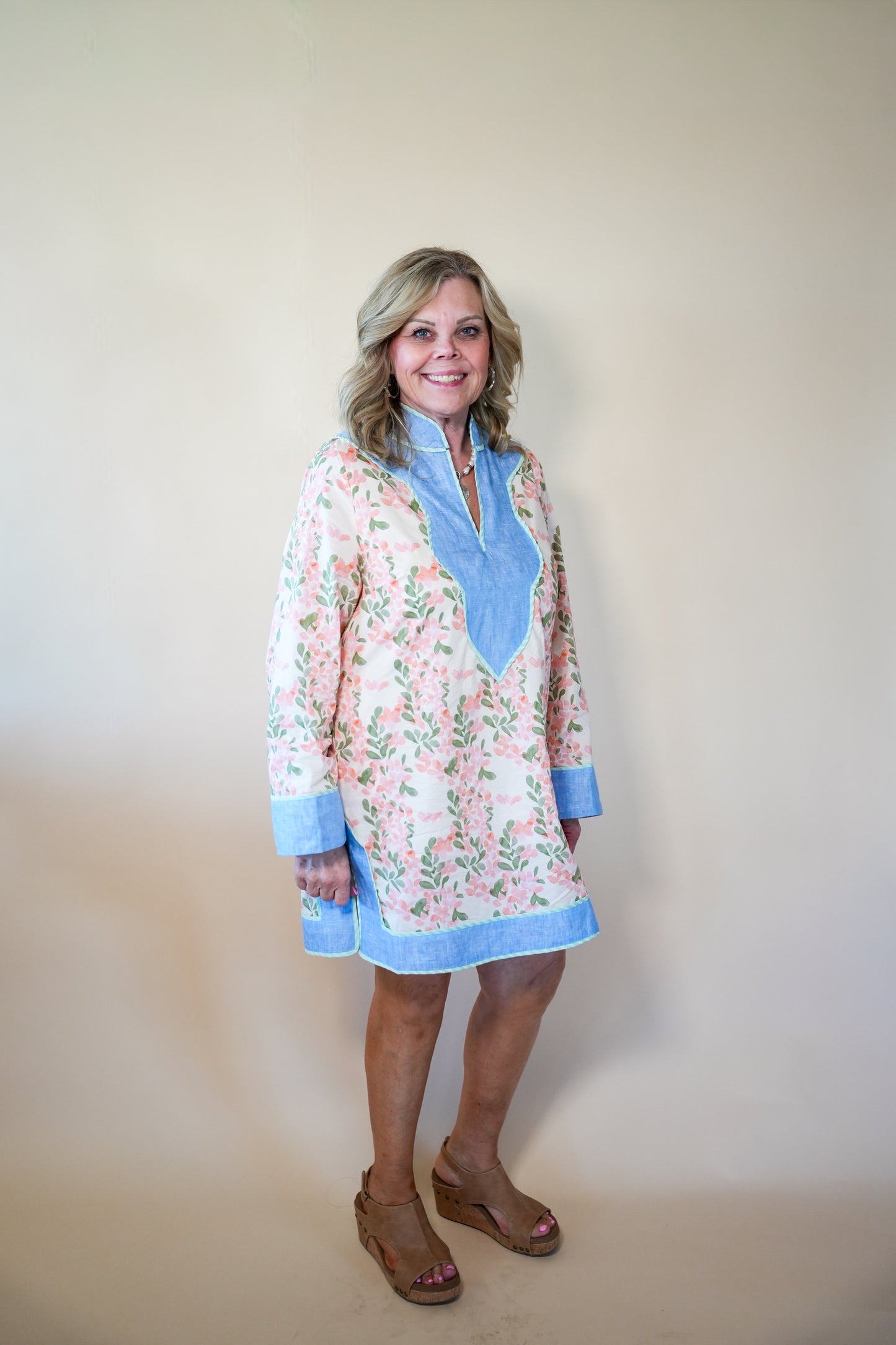 THML Pink Floral Chambray Detail Dress