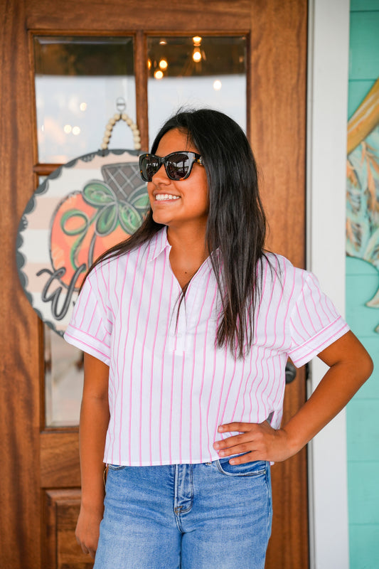 Pink Striped Short Sleeve Button Top