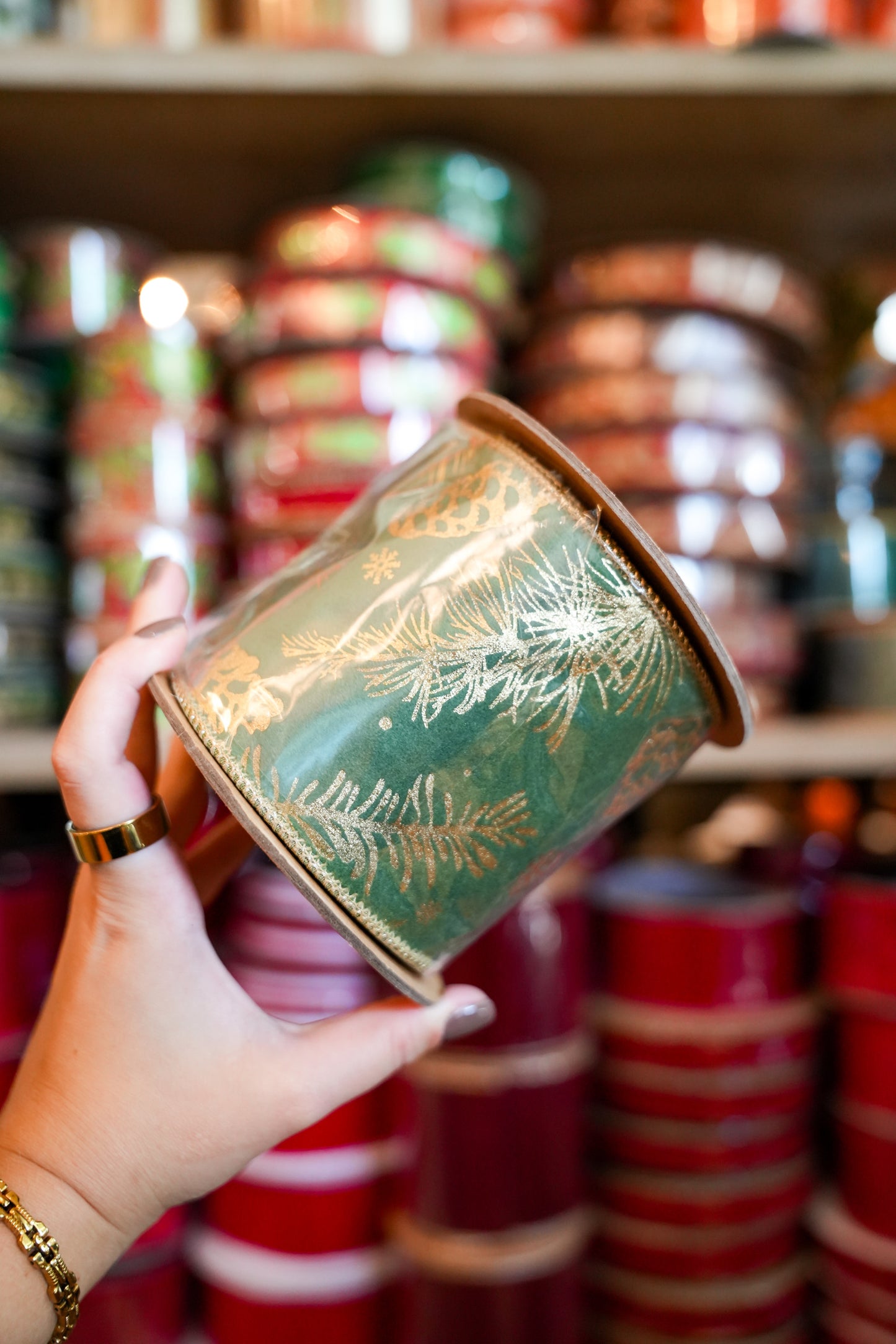 4in x 5yds Green Pine Ribbon