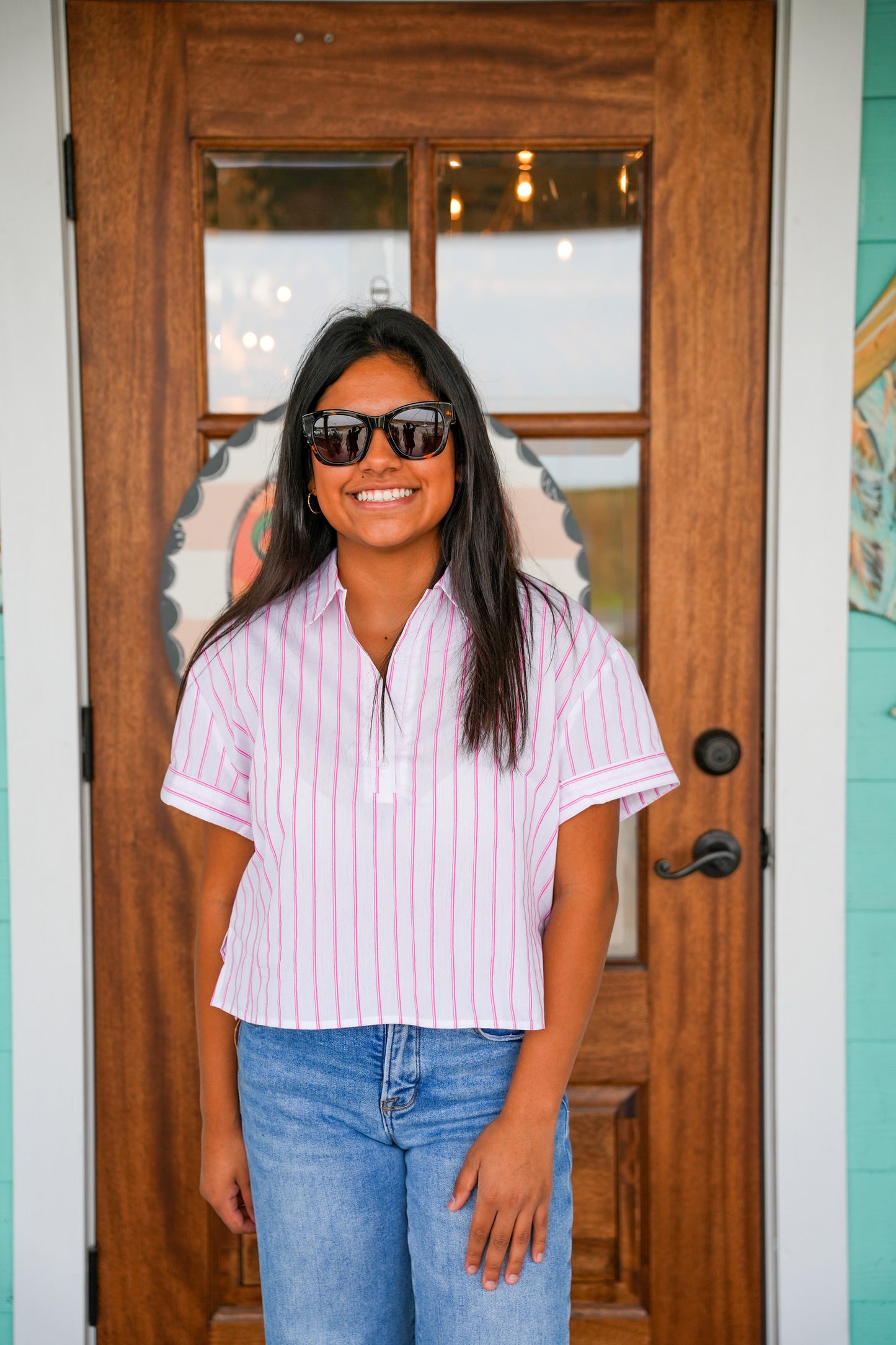 Pink Striped Short Sleeve Button Top