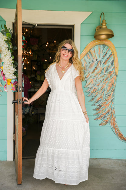 White Eyelet Pearl Detail Maxi Dress