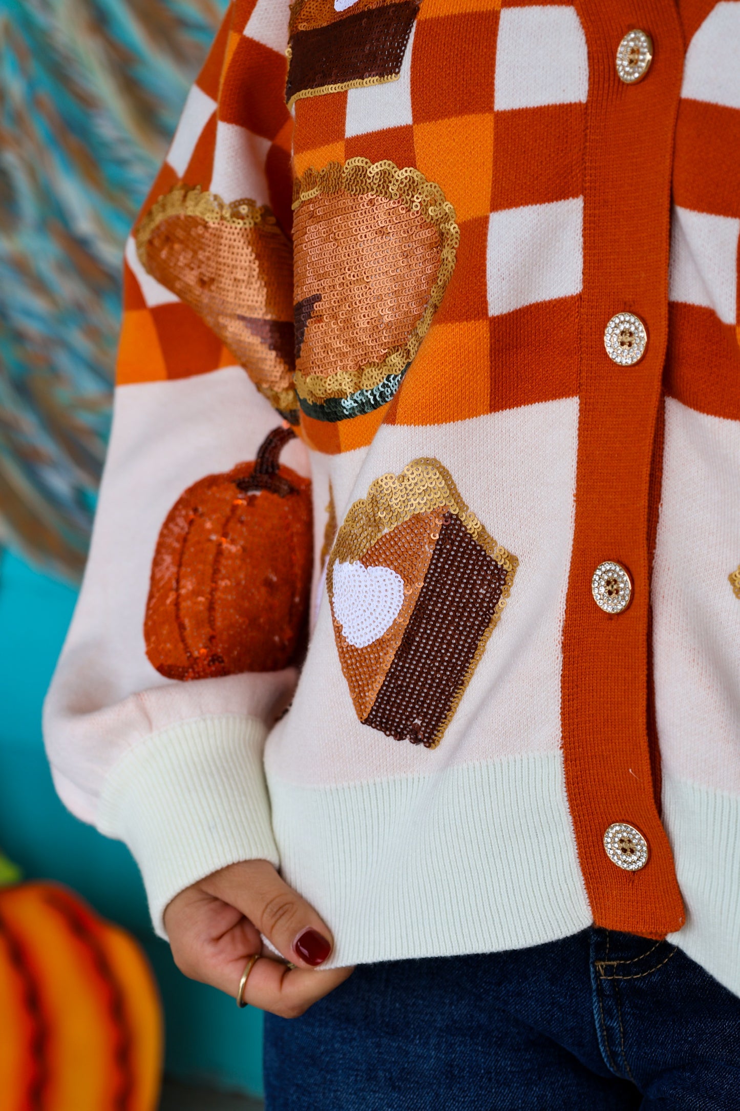 Queen of Sparkles Checkered Pumpkin Pie Cardigan