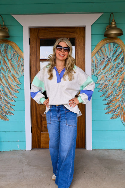 Grey & Mint Color Block Sweatshirt