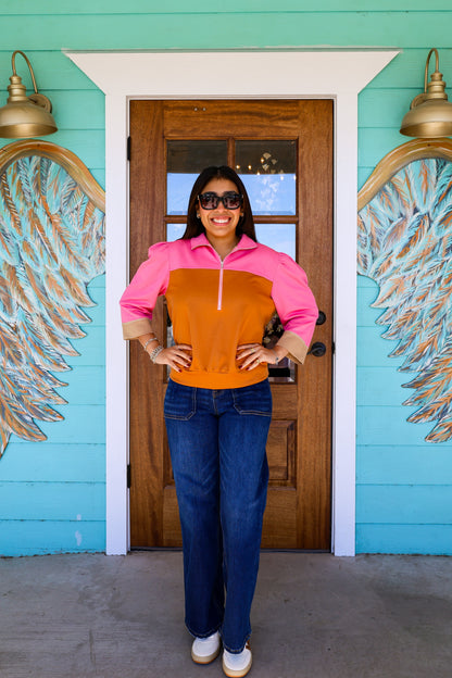 Pink & Camel Color Block Quarter Zip