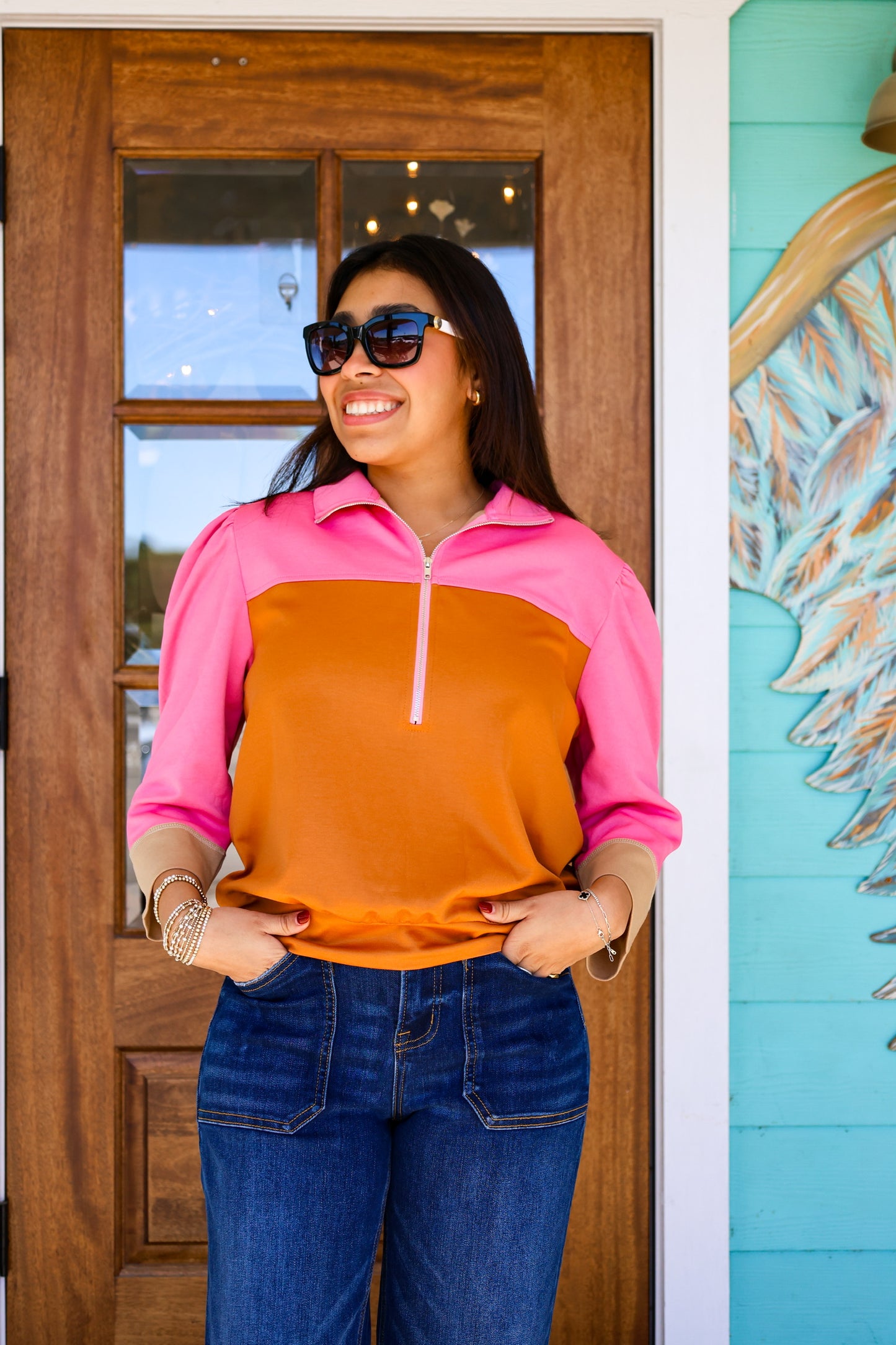 Pink & Camel Color Block Quarter Zip