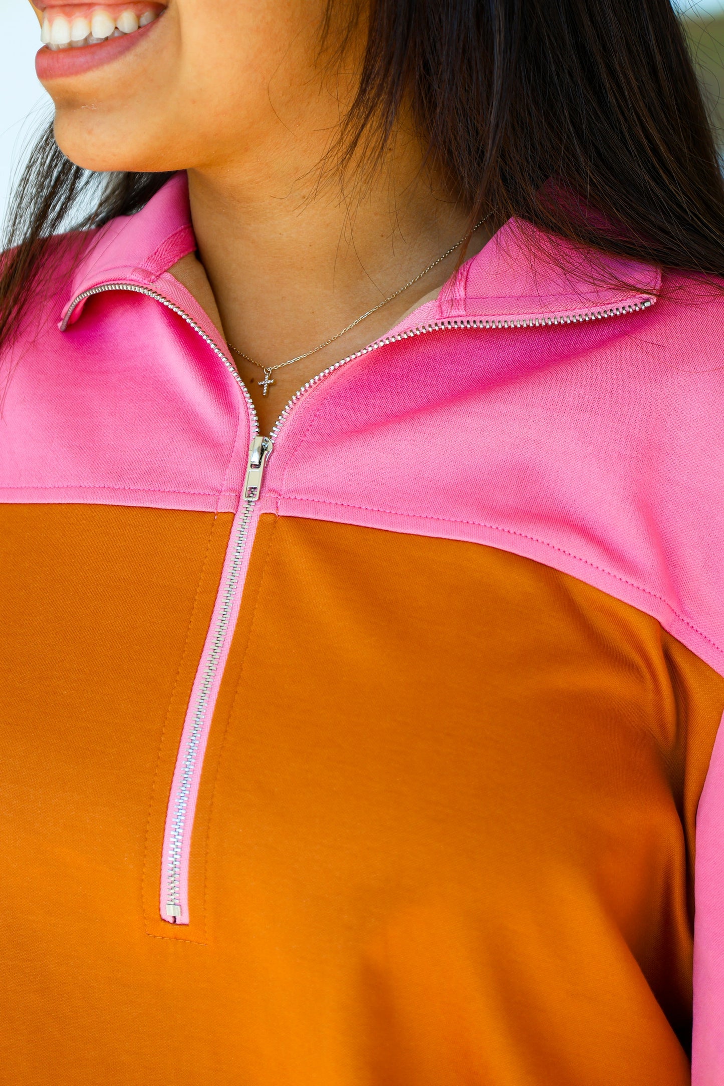 Pink & Camel Color Block Quarter Zip