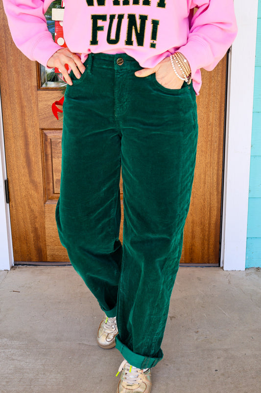 Risen Dark Green Barrel Coruroy Pants