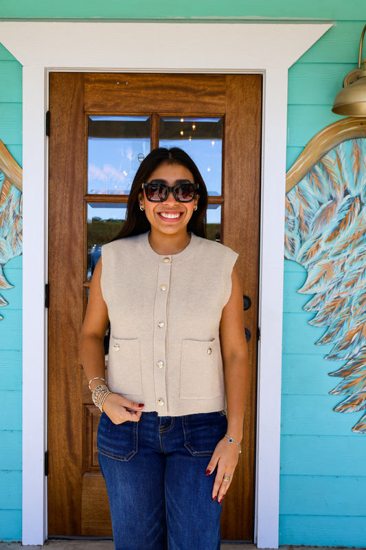 Ecru Vest Gold Button Detail Top