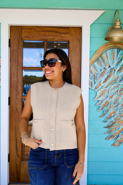 Ecru Vest Gold Button Detail Top