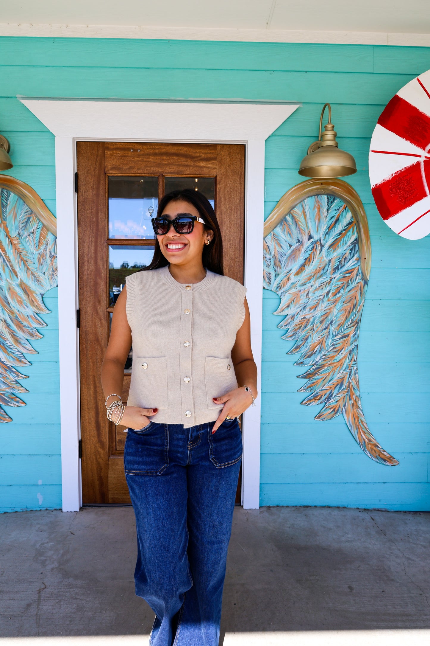 Ecru Vest Gold Button Detail Top