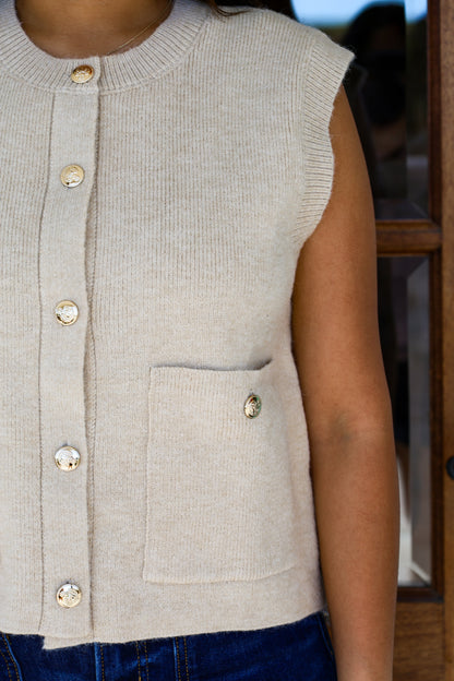 Ecru Vest Gold Button Detail Top