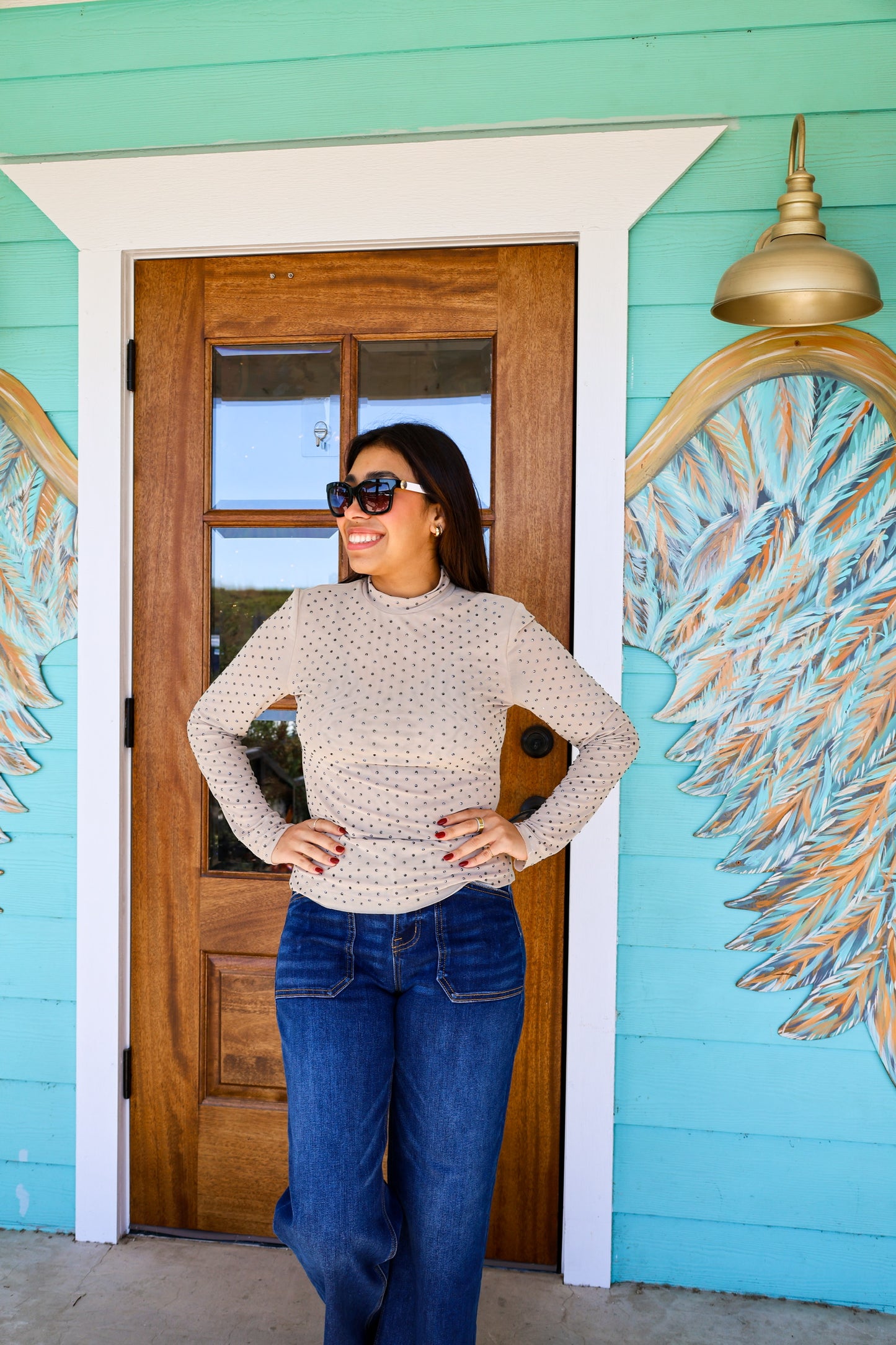 Light Beige Embellished Mesh Top