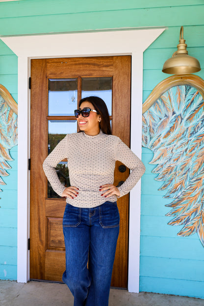 Light Beige Embellished Mesh Top