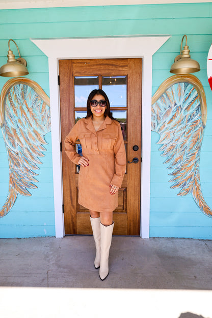 Camel Long Sleeve Faux Suede Dress