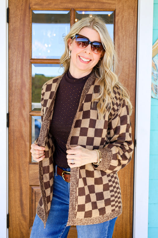 Brown Checkered Knit Cardigan