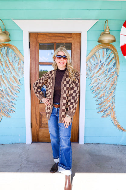 Brown Checkered Knit Cardigan