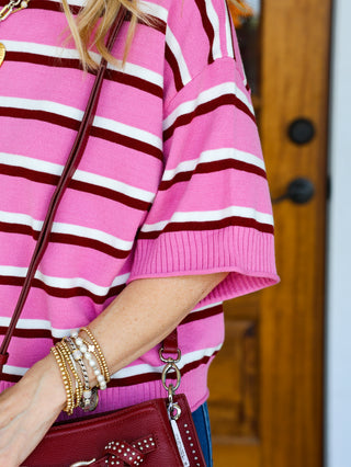 Pink & Burgundy Crew Neck Stripe Sweater