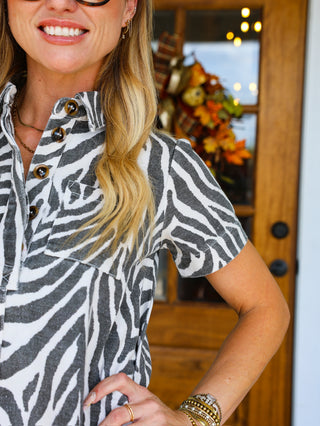Cocoa Zebra Print Button Down Mini Dress