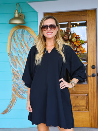 Black Textured Scallop Trim Dress