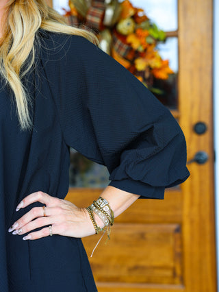 Black Textured Scallop Trim Dress