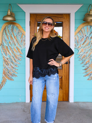 Black Scuba Asymmetrical Lace Top