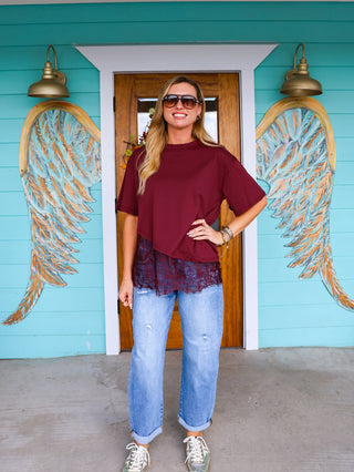 Burgundy Floral Lace Asymmetrical Top