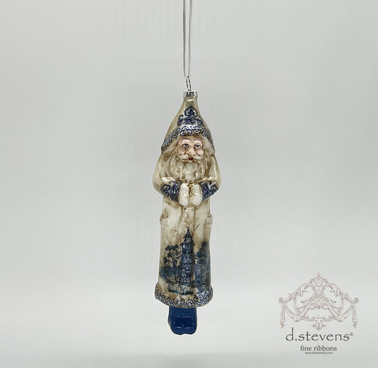 Blue Cream Glass Santa Ornament