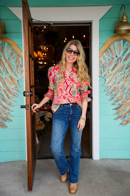 Coral Floral Mixed Print Top