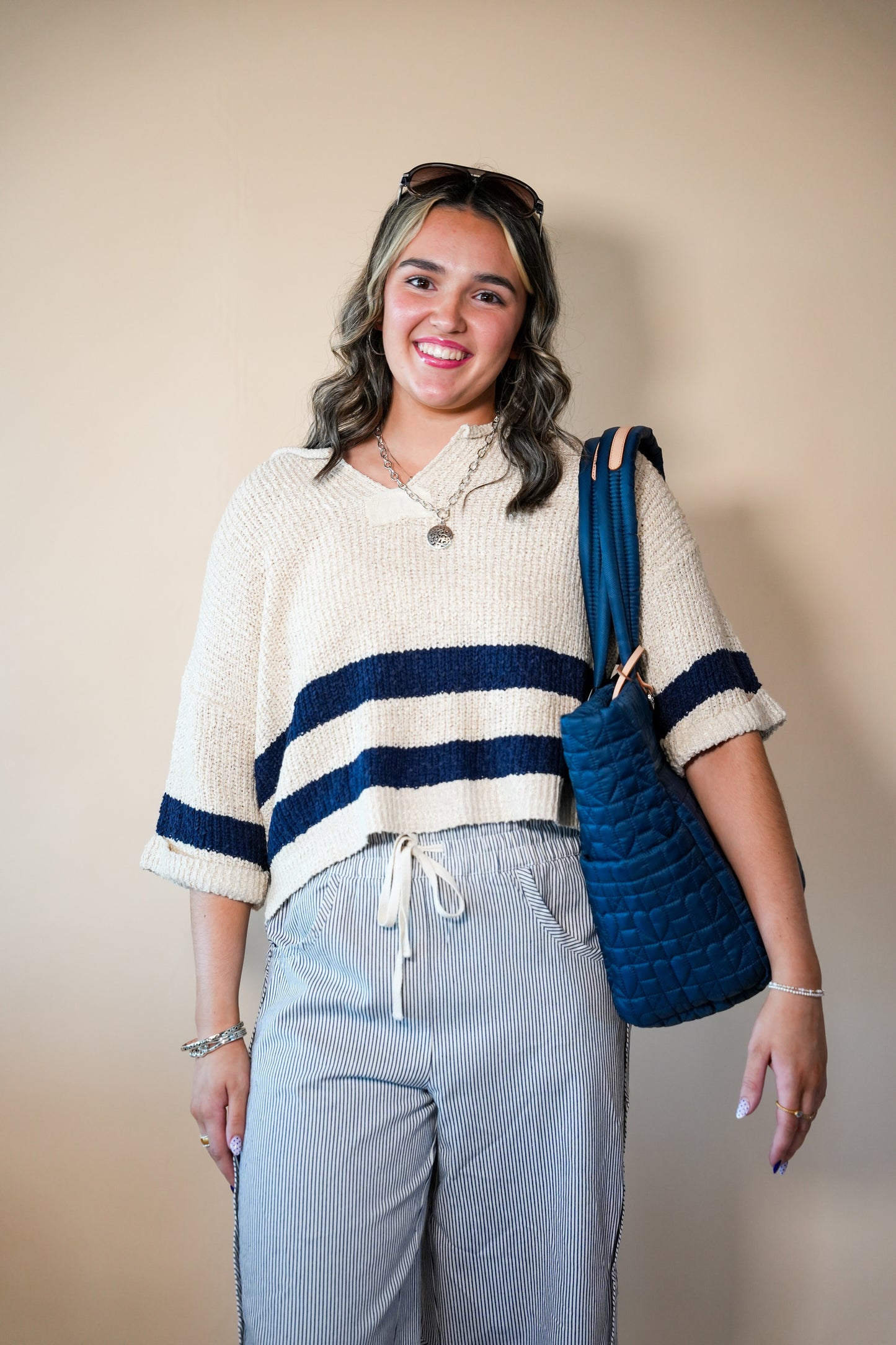 Navy Stripe Notch 3/4 Sweater Top