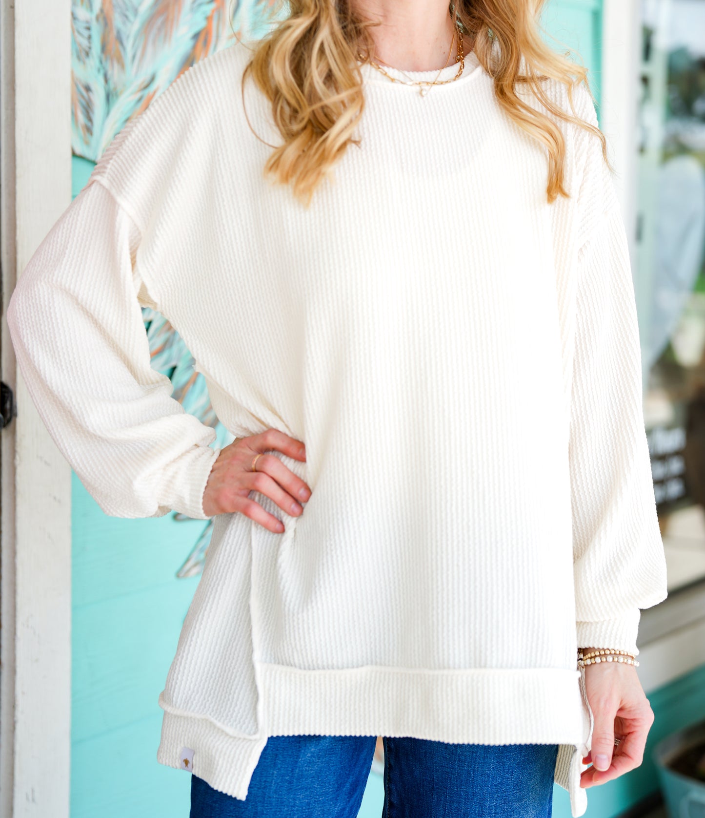 Ivory Textured High Low Pullover