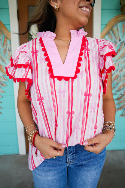 Red & Pink Bow Ruffle Detail Top