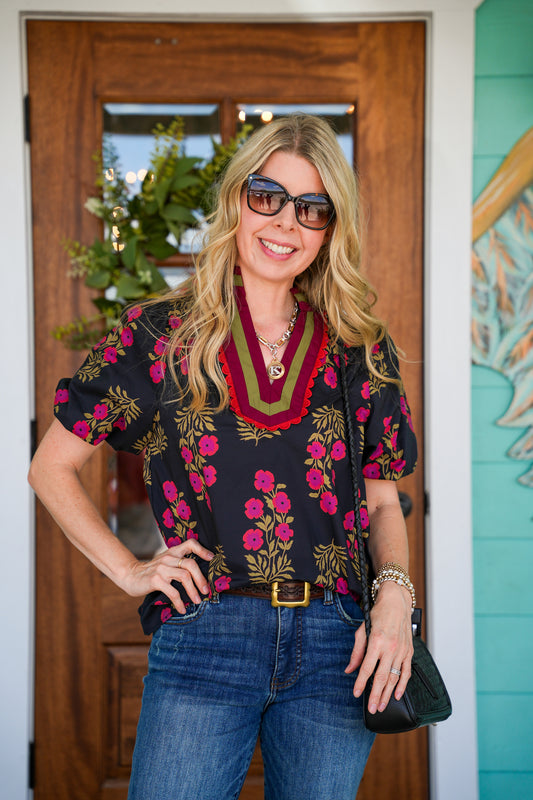 Black & Wine Floral Block Print Top
