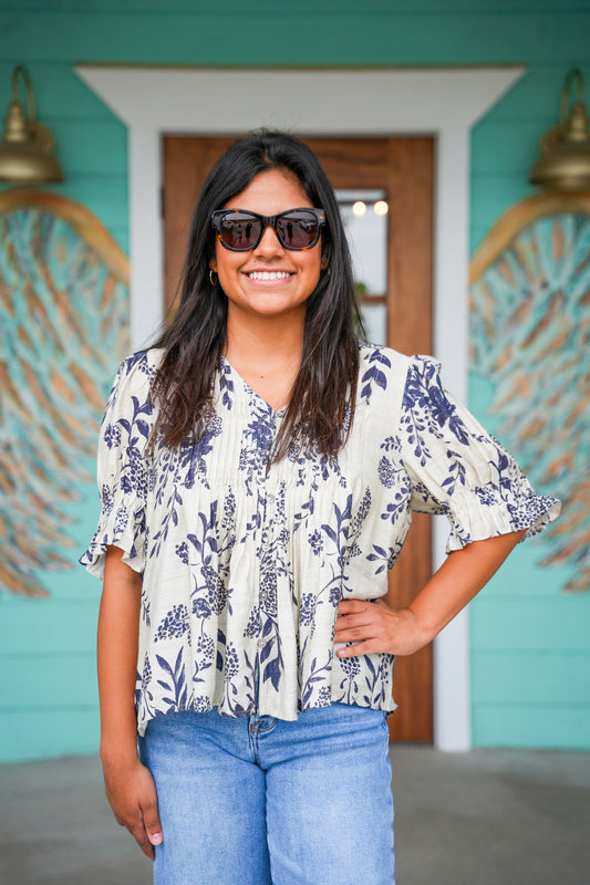 Navy Botanical Print Top