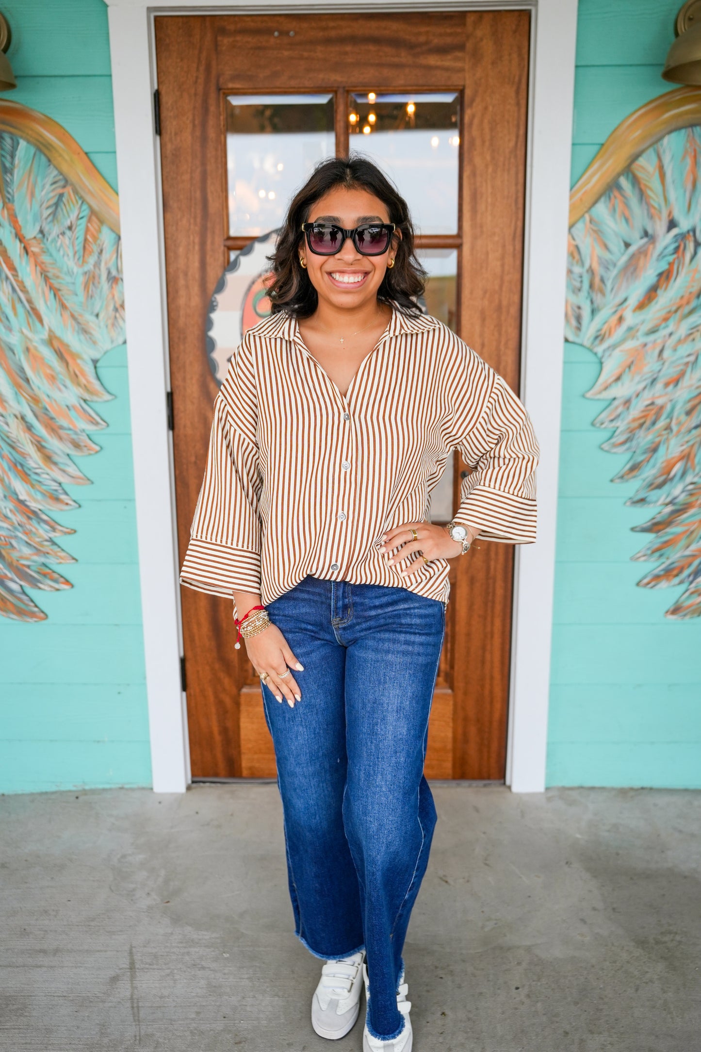 Brown Striped 3/4 Sleeve Top