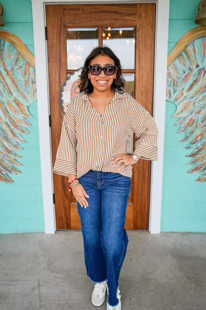 Brown Striped 3/4 Sleeve Top